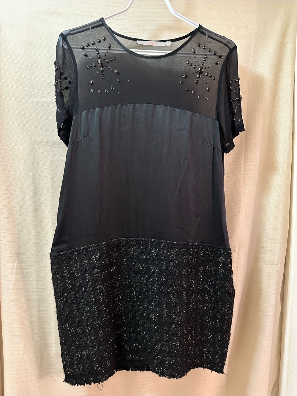 Animale Black Silk Sheer Beaded Dress Tweed Hem Mini Size Small 38